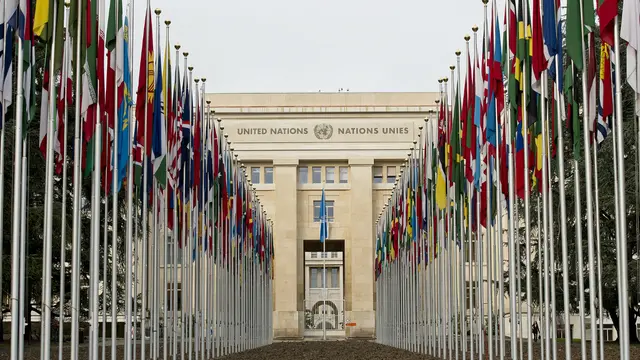 Flags outside the Palais des Nations, Geneva