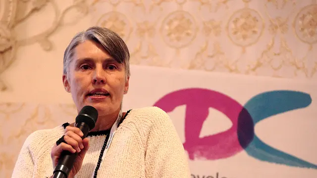 Debra Roberts makes a powerful presentation in the opening session of the 2018 Development & Climate Days (Photo: Alex Wynter/Red Cross Red Crescent Climate Centre)