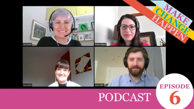 Screenshot of speakers with text: podcast episode 6