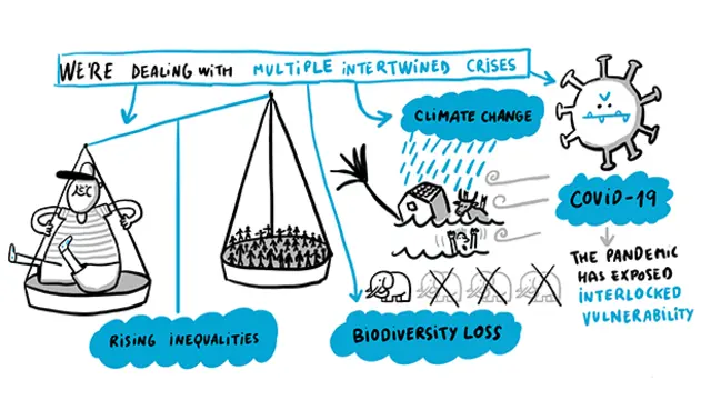 An illustration with a speech bubble: "We're dealing with multiple intertwined crises"  with scales and illustrations depicting climate change, COVID-19, rising inequalities and biodiversity loss