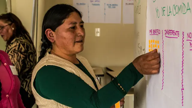 Woman adding stickers to a poster on the wall