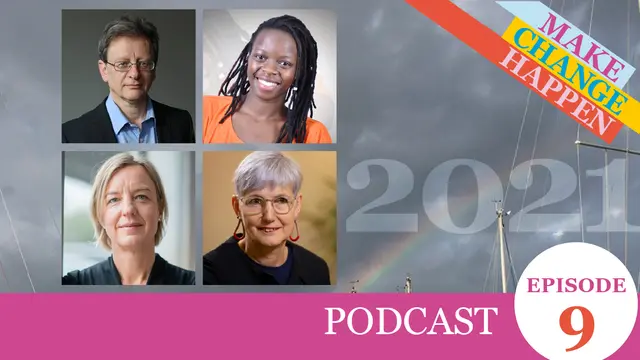 Headshots of four people over a rainbow and the text '2021'