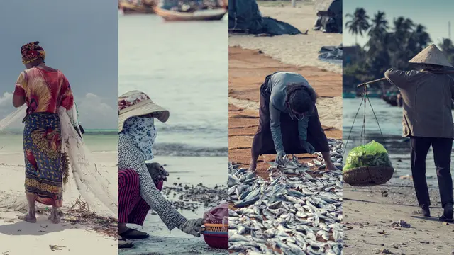 Four images of people from IIED's 2021 'super year' video, including a fisher hauling nets