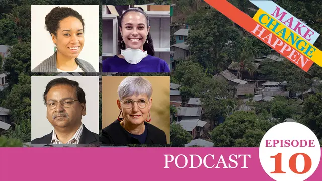 Headshots of four people over a treelined housing area