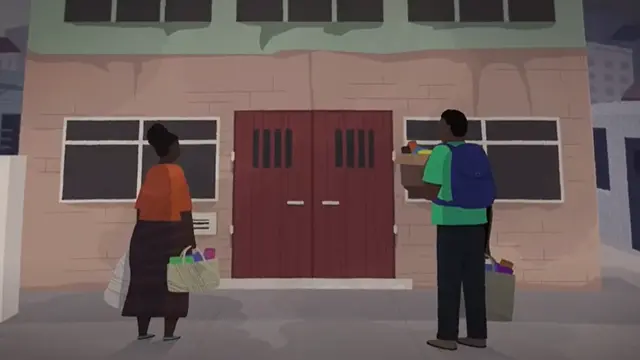 Animation of a two people with bags in front of a building