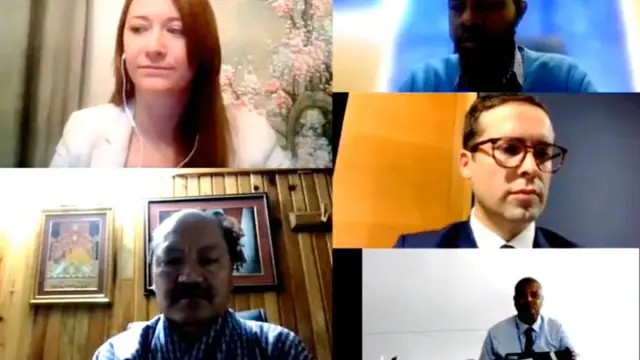 Video call showing five people