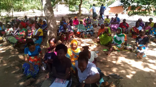 A large group of people sit on the floor in the shade from a tree 