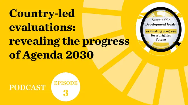 Title card with the text Sustainable Development Goals – Evaluating progress for a brighter future and a magnifying glass.