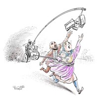 A cartoon showing refugees clutching at passports and a work permit that are just out of their reach. 