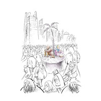 Refugees sit on a symbolic island under a palm tree while a throng of business people walk around them.