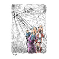A parody of Edward Munch's Scream painting sees a family of refugees - two adults, to children - with their faces distorted, screaming in anguish.