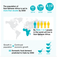 Illustration showing the domestic food demand is set to triple by 2050 in sub-saharan Africa. Map shows that by 2025, 1 in 5 people in the world will live in Sub-Saharan Africa.