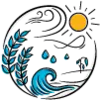 Circular illustration featuring food security elements such as wheat, the sun and water.